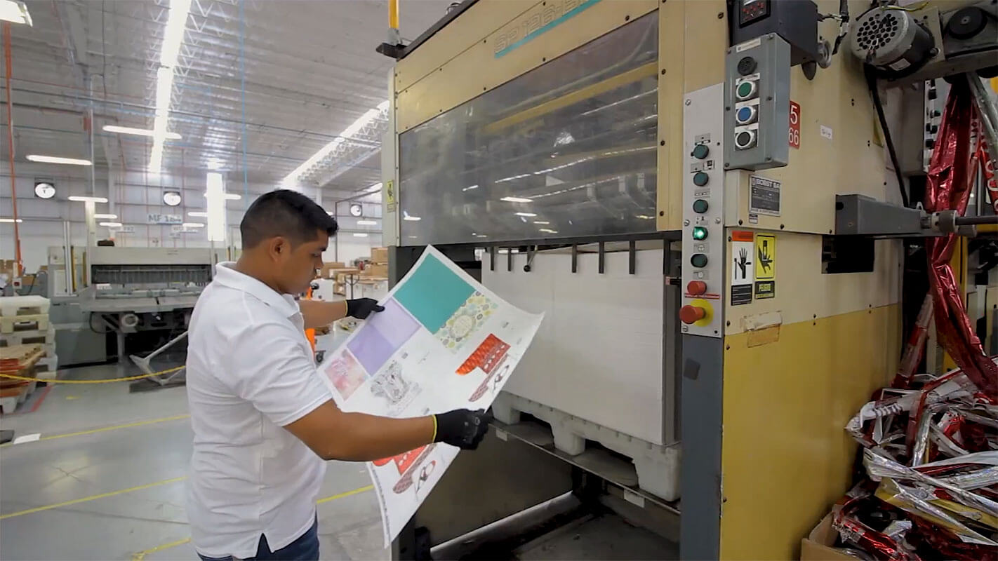 Operator checking a printed sheet beside a press at the Shelmex plant